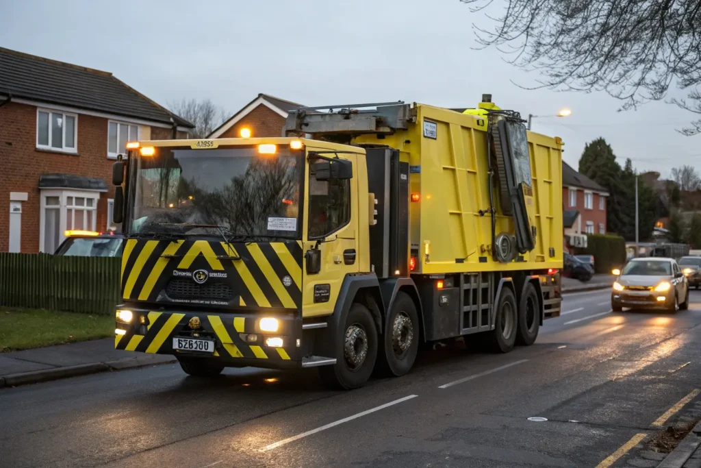 Camion de collecte des déchets – Véhicule spécialisé pour le ramassage des ordures ménagères et industrielles. Solutions de gestion des déchets, recyclage et propreté urbaine. Optimisation des tournées et respect des normes environnementales.