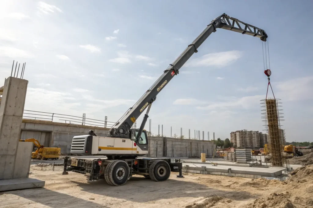 Grue mobile avec bras télescopique en action sur un chantier, soulevant une structure métallique. Cet équipement de levage robuste assure précision et sécurité, conforme aux contrôles VGP pour garantir son bon fonctionnement et la sécurité des opérations.