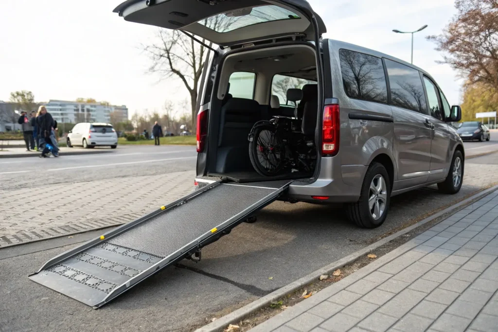 Véhicule aménagé pour l’accessibilité des personnes à mobilité réduite, équipé d’une rampe déployée pour un accès facile en fauteuil roulant. Une solution de transport adaptée aux normes d’accessibilité, garantissant confort et sécurité.