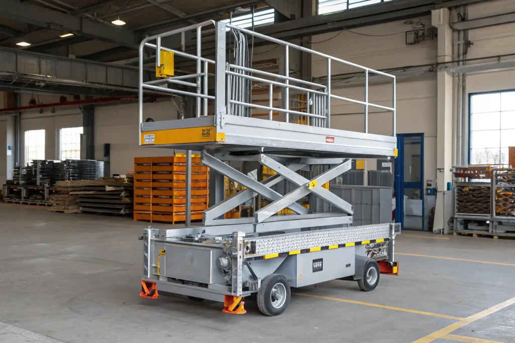 Nacelle élévatrice à ciseaux en atelier industriel – Inspection et contrôle VGP pour la mise et remise en service des équipements de levage et de travail en hauteur. Sécurisation et conformité des nacelles élévatrices selon la réglementation en vigueur.