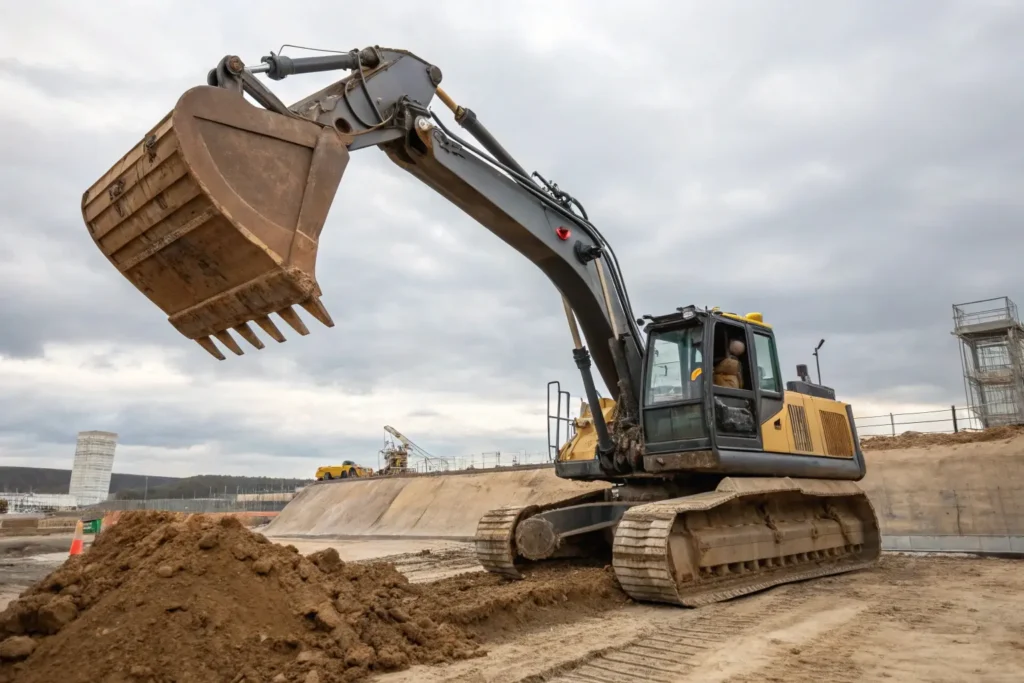 Pelleteuse hydraulique sur un chantier de terrassement – Contrôle VGP et inspection réglementaire pour la mise et remise en service des engins de levage et de travaux publics. Sécurité et conformité des équipements de chantier.