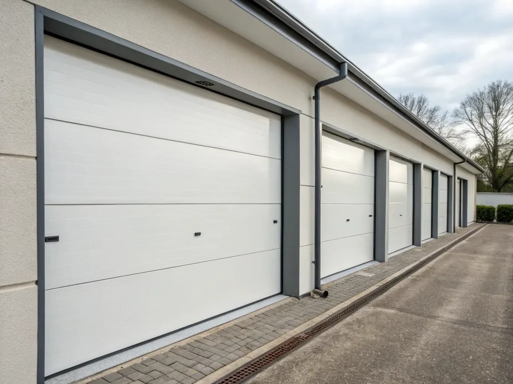 Alignement de portes sectionnelles industrielles blanches dans un bâtiment, régulièrement contrôlées pour assurer leur conformité aux normes de sécurité.