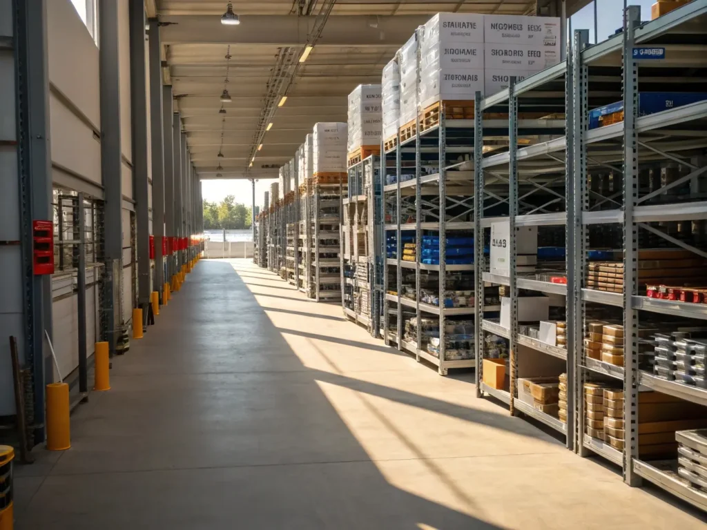 Allée d’un entrepôt industriel avec racks de stockage métalliques, soumis à des contrôles de sécurité et de conformité structurelle pour garantir leur résistance et leur conformité aux normes en vigueur.